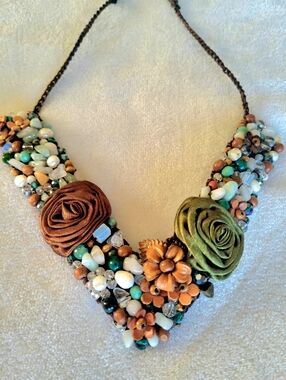 Handcrafted Beaded Floral Statement Necklace with Brown and Olive Fabric Roses